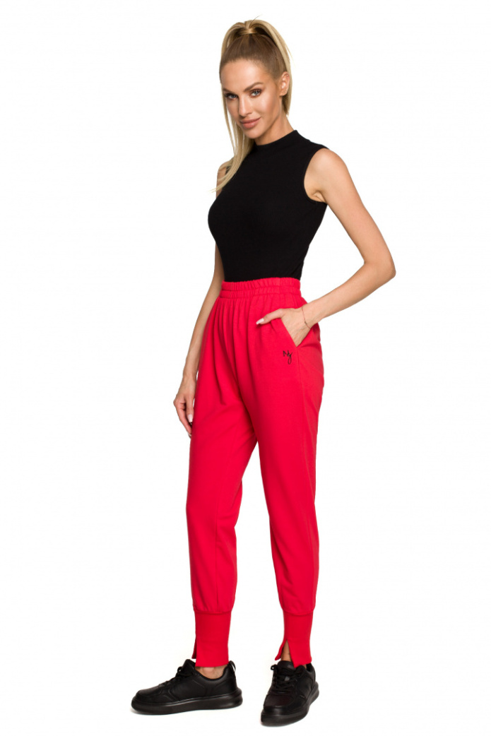 Spodnie damskie dresowe joggery dzianinowe z gumką czerwone